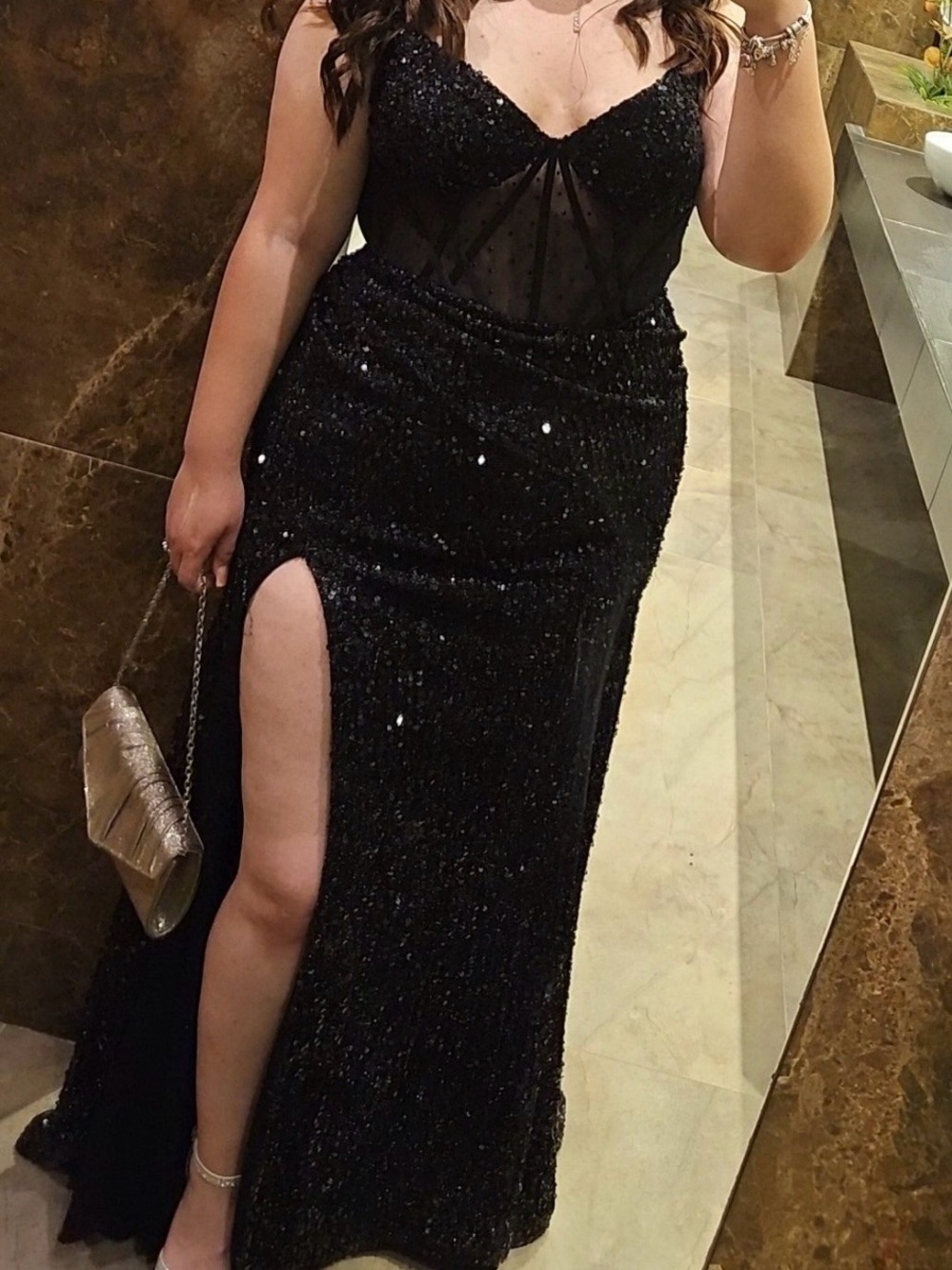 Black Sequin Evening Gown with Side Slit